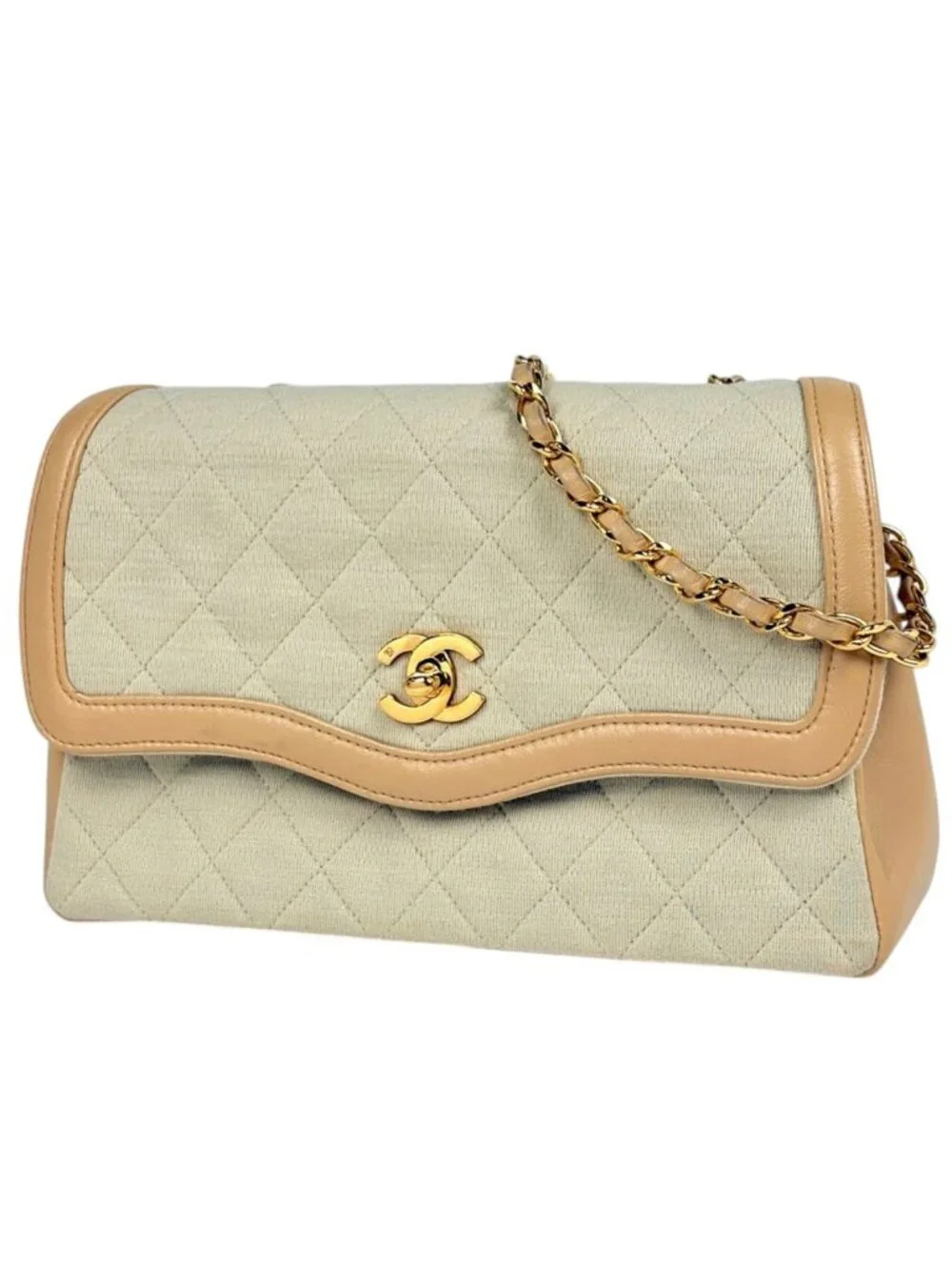 Chanel Shoulder Bag Quilted CC Logo Single Flap Fabric Ivory Beige